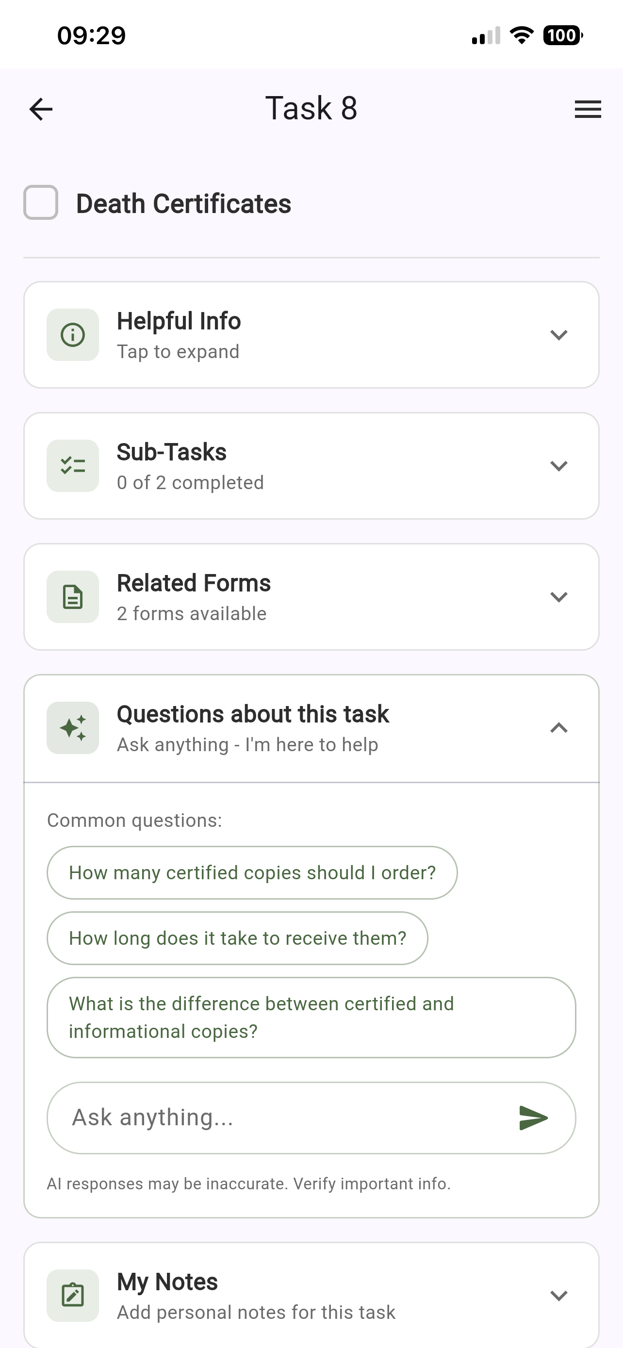 AfterMatters AI guide showing common questions and ask-anything input for Death Certificates task