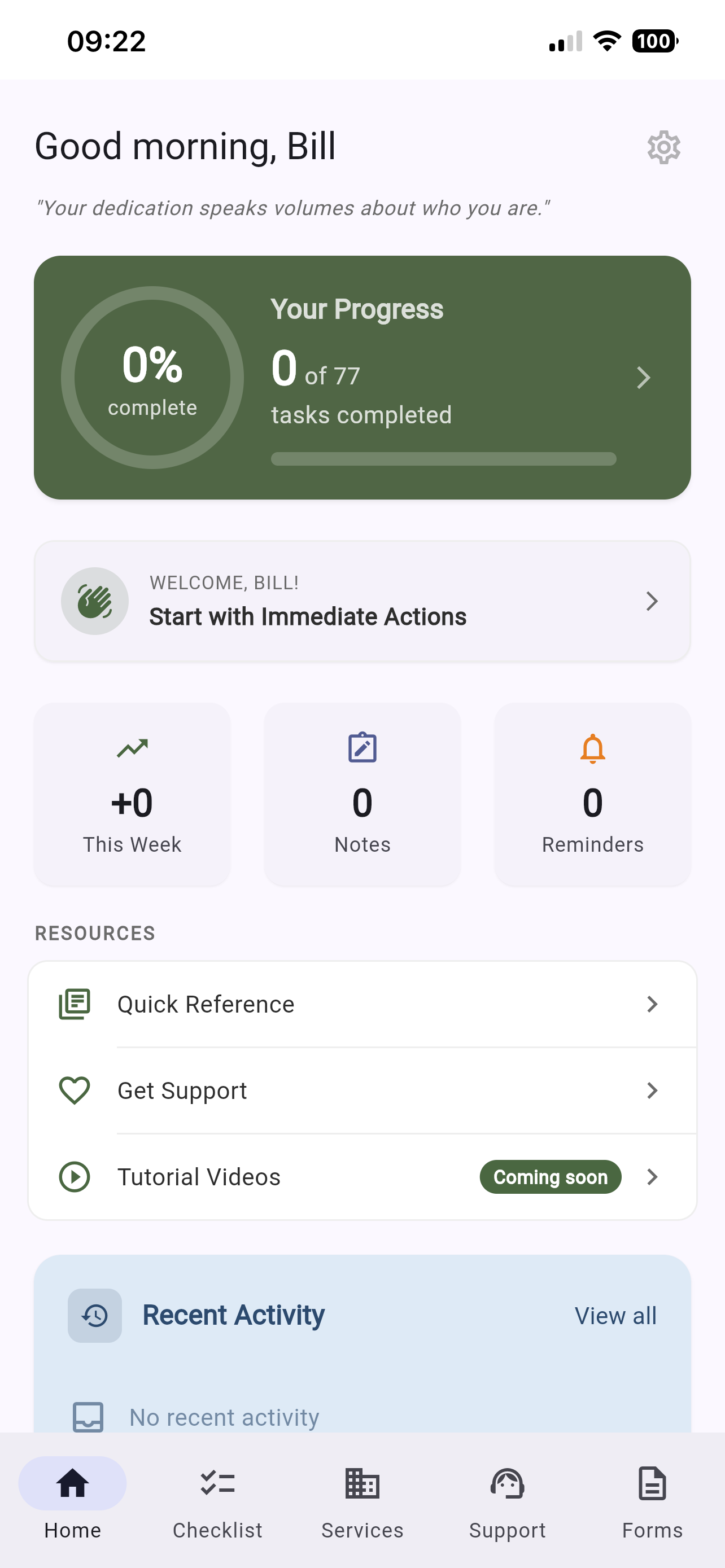 AfterMatters dashboard showing progress tracking and guided checklist