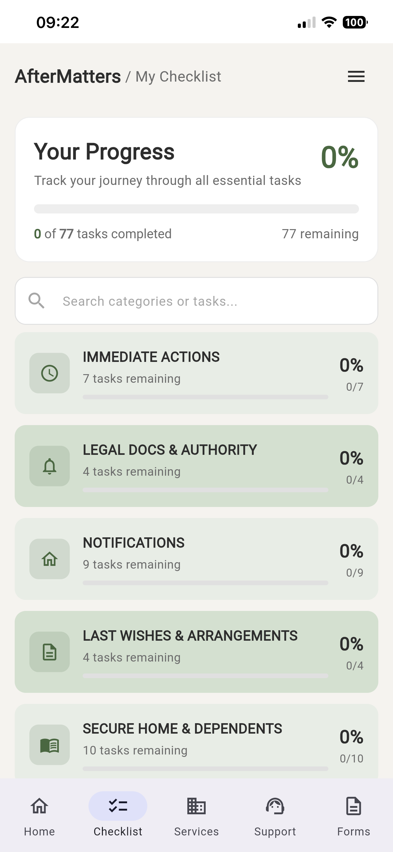 AfterMatters checklist showing organized task categories with progress tracking