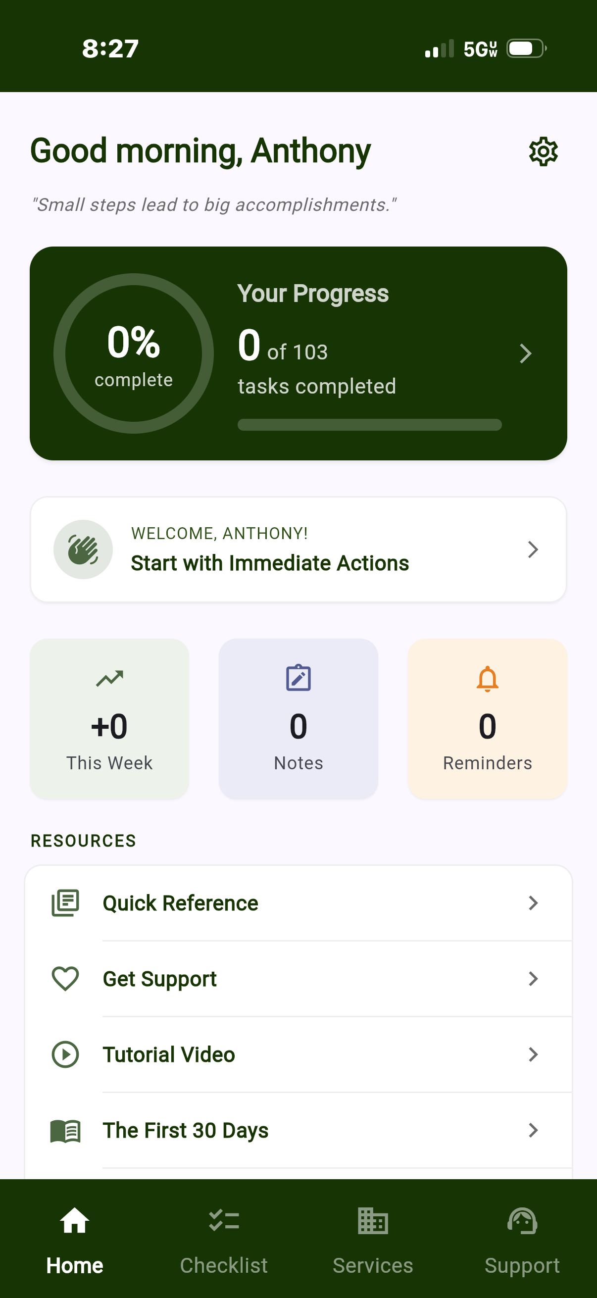 AfterMatters dashboard showing progress tracking and guided checklist