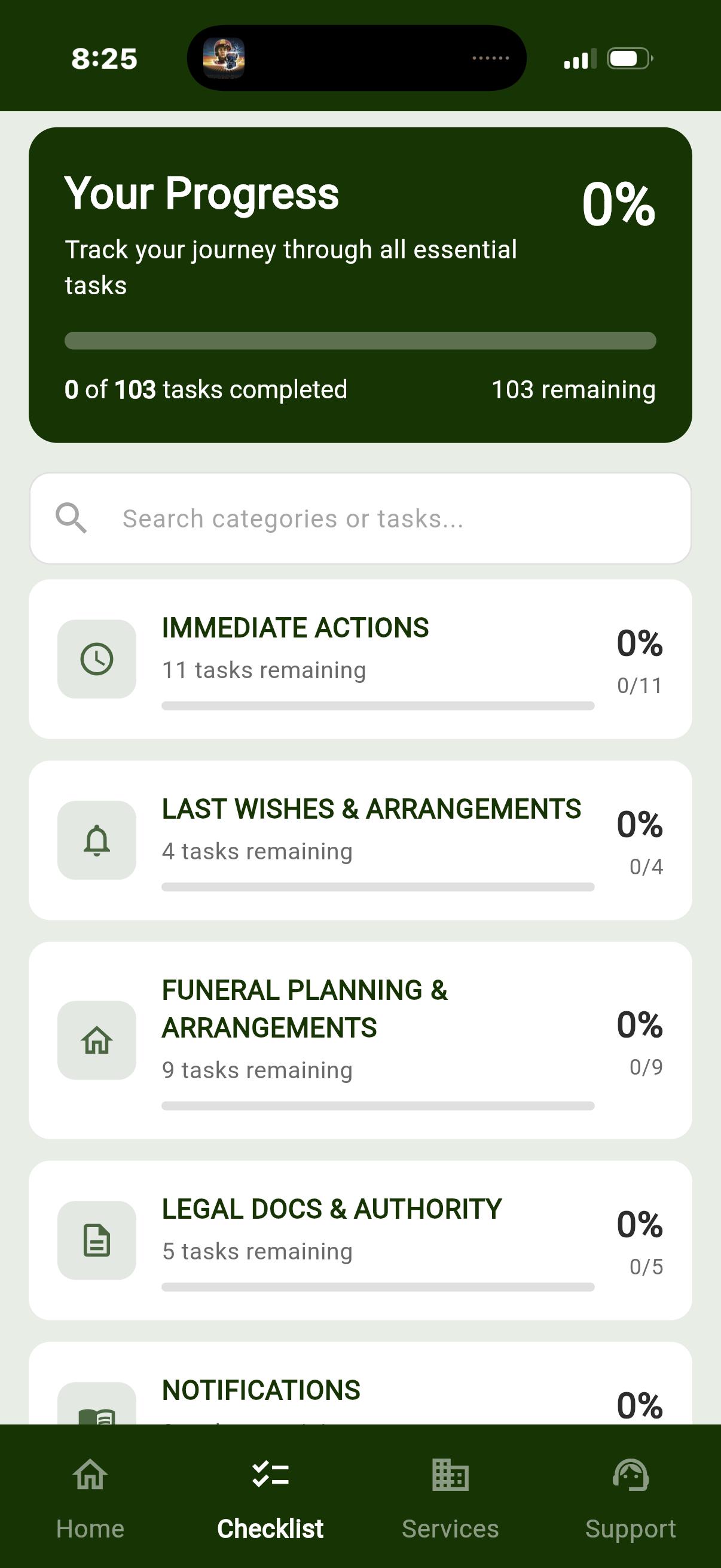 AfterMatters checklist showing organized task categories with progress tracking