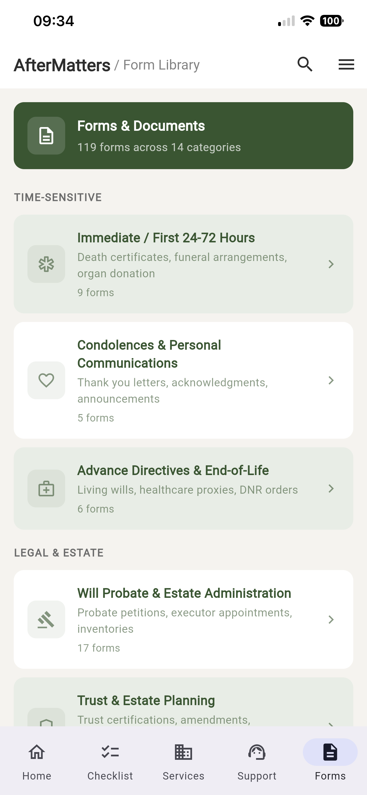 AfterMatters form library with 119 forms across 14 categories